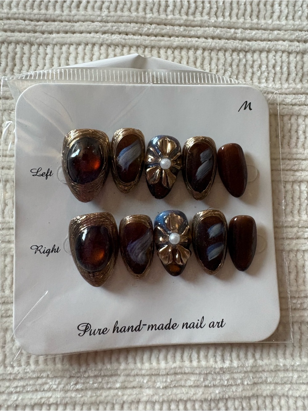 Handmade Brown Resin & Gold Accent Press-On Nail Set size Medium